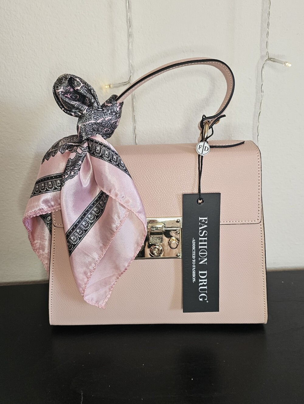Fashion Drug pink leather handbag with black and white paisley pattern scarf